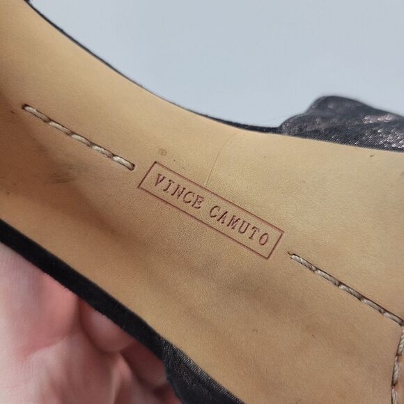 Vince Camuto Akido Leather Platform T-Strap Heels Gunmetal and Black Suede - Picture 10 of 16